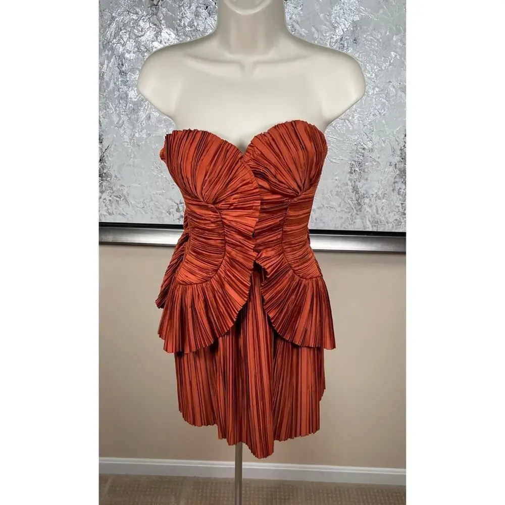 CULT GAIA Charlique Ruched Pleated Strapless Peplum Brown Mini Dress Size 2 - Picture 5 of 13